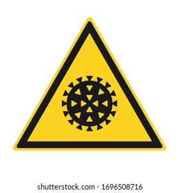 Coronavirus yellow warning triangle icon. Biohazard Corona virus disease symbol. Influenza epidemic logo. Sars Covid-19 sign. Isolated on white background. Vector illustration image.