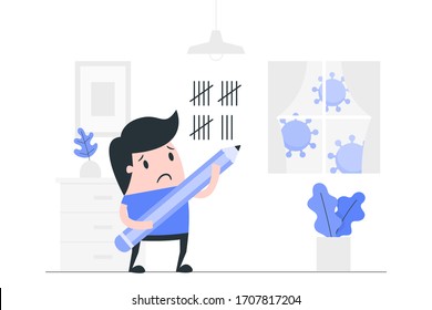 Coronavirus. Der junge Mann schaute durch das Fenster und machte Strichmarken an der Wand. Quarantine Concept Illustration.
