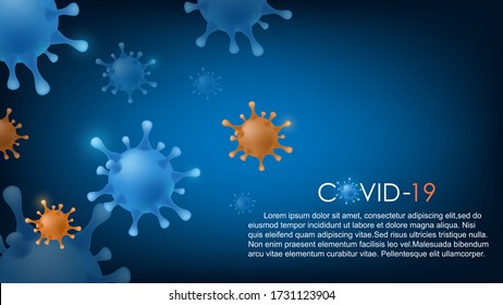 Coronavirus(covid 19) Blue And Orange Cells With Blue Background.Outbreak Of Covid-19  Virus Affects The Respiratory System And Lungs Banner.