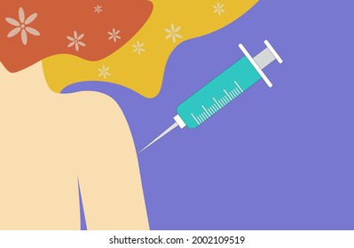 Coronavirus(COVID19) vaccines. Flat vector of injection the vaccine from  syringe to the upper arm.