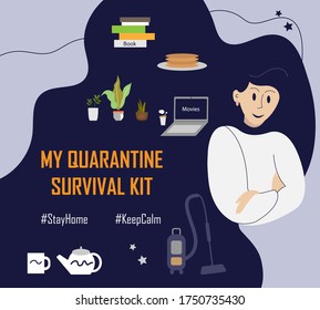 Coronavirus/COVID-19, Vector Illustration Of A Woman Activity With Survival Kit At Home During Self Quarantine. 