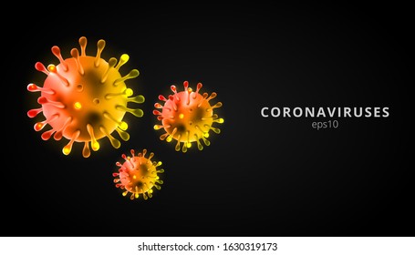 Coronaviruses 3d realistic vector in black background. corona virus cell, wuhan virus disease. Perfect for banner information, flyer, poster, etc. Vector illustration eps10