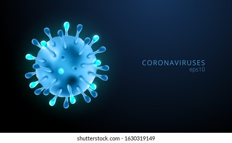 Coronaviruses 3d Realistic Vector In Dark Blue Background. Corona Virus Cell, Wuhan Virus Disease. Perfect For Banner Information, Flyer, Poster, Etc. Vector Illustration Eps10