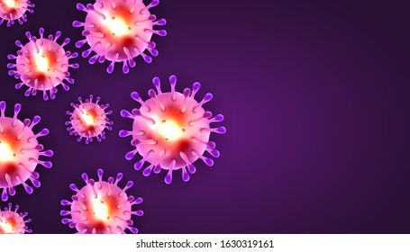 Coronaviruses 3d realistic vector in dark purple background with blank copy space. corona virus cell, wuhan virus disease. Perfect for banner information, flyer, poster, etc. Vector illustration eps10