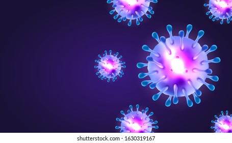 Coronaviruses 3d realistic vector in dark purple background with blank copy space. corona virus cell, wuhan virus disease. Perfect for banner information, flyer, poster, etc. Vector illustration eps10