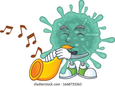 Coronaviruses cartoon character playing music with a trumpet