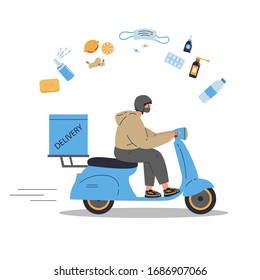 Coronavirus.Novel virus 2019-nCoV.A young courier in medical mask deliver the products ordered online on a scooter.Medicine and food delivery.Concept of coronavirus quarantine vector illustration. 