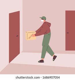 Coronavirus.Novel virus 2019-nCoV.Delivery of food.A young courier delivers the products ordered online to the door.Online shopping.Concept of coronavirus quarantine vector illustration.Flat character