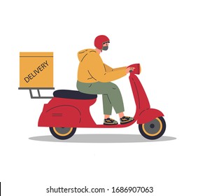 Coronavirus.Novel virus 2019-nCoV.Delivery of food.A young courier in medical mask deliver the products ordered online on a scooter.Concept of coronavirus quarantine vector illustration.Flat character