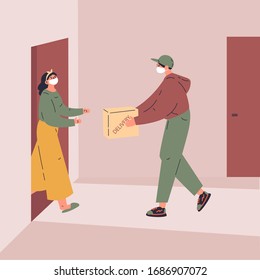 Coronavirus.Novel virus 2019-nCoV.Delivery of food.A young courier delivers the products ordered online to the door.Online shopping.Concept of coronavirus quarantine vector illustration.Flat character