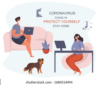 Coronavirus.Stay at Home. Protect Yourself. Family keeping Distance for Decrease Infection Risk For Prevent Virus Covid-19. Stay Home on Quarantine During the Coronavirus Epidemic. Vector Illustration