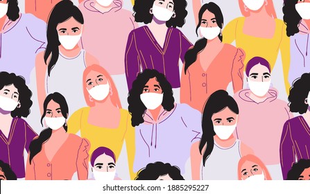Coronavitus mask , Black woman in medical mask Covid-19. Quarantine social distance, infected group people, girl face in white mask. Vector seamless pattern illustration. Flu outbreak news vaccine