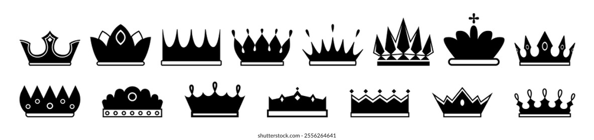 Coronets and diadems, simple crowns silhouettes. Vector flat monochrome headwear of royal family members. Princess and princes, queens or kings. Vintage historical embellishment for monarch