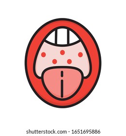 Coronovirus, angina, faringitis vector. La mucosa oral está cubierta de pápulas rojas. La boca abierta.