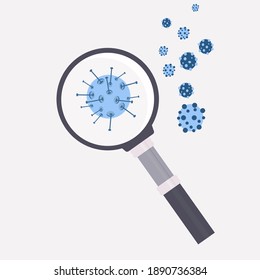 Coronovirus cell under magnifying glass. Covid-19 concept. Quarantine vector illustration. Epidemic, pandemic, medicine, sience.