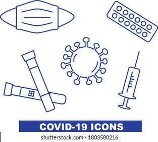 Coronovirus Covid-19 icons. Protection, treatment and analysis. Line icons