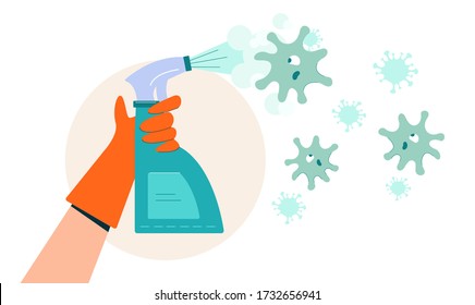 Coronovirus disinfection. Hand in red antibacterial glove green spray kills coronovirus, hygienic health safety disinfection of apartment office elimination vector infection flat covid19.