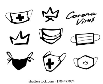 Coronovirus doodle logo set. Crown, medical mask, cross. Corona virus vector illustrations in sketch graffiti style. Wuhan home quarantine symbols on white background