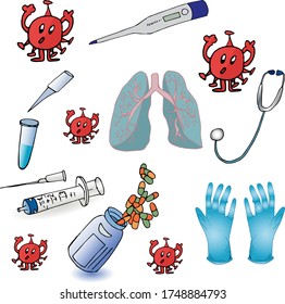 Coronovirus doodle logo set. Virus in lungs, corona virus sign, sketch crown cross, 