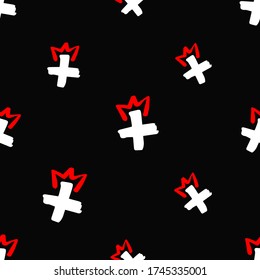 Coronovirus doodle seamless with white cross and red crown. Corona virus vector illustration in sketch graffiti style. Wuhan home quarantine symbols on black background.