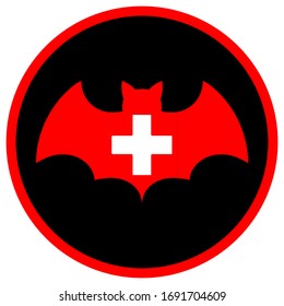 Coronovirus in the form of a bat icon. Flag of Switzerland in a bat outline. Virus disease concept in country Switzerland.