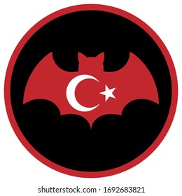 Coronovirus in the form of a bat icon. Flag of Turkey in the contour of the bat. Virus disease concept in country Turkey.