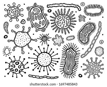 Infección por coronovirus COVID-19,microbio conjunto dibujado a mano. Pandemia del siglo XX, transmitida por gotas aerotransportadas.Ilustración vectorial.