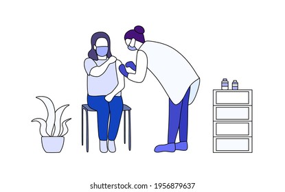Coronovirus, influenza vaccination concept. The doctor gives a vaccine to a woman against covid, against the flu. Health care.