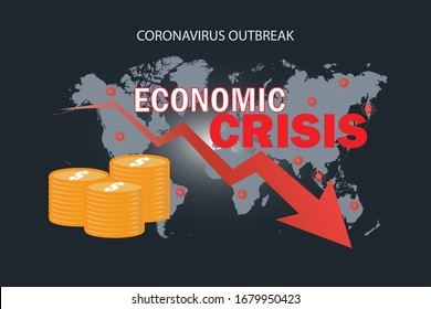 Coronovirus Outbreak Economic Crisis. Fall down down trend graph currency economy with world map.