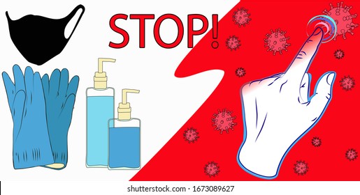 Imagen vectorial de protección coronovirus. Guantes, jabón, antibacteriano, mascarilla facial, manos, bacterias, parada de inscripción. Concepto de prevención de virus.