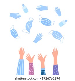 Coronovirus quarantine is over. Pandevic end. COVID-2019. Hands toss up medical protective masks, gloves and bottles with a disinfectant.