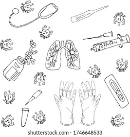 Coronovirus sketch, lungs, syringe, test, thermometer, phonendoscope, medicine, pills, medical instruments