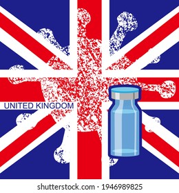 Coronovirus vaccine. White Grunge Coronavirus icon strikes United Kingdom national flag, Vaccine dose in ampoule. Sketch Vector illustration in flat style. Vaccination for COVID-19 treatment.