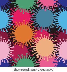 Coronovirus.Seamless texture.
Graphic image of a virus resembling a solar corona, flat drawing.