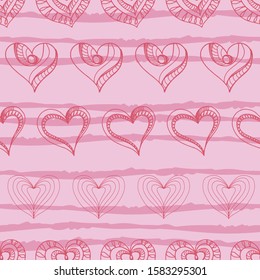 Cororful Romantic cute seamless pattern with hearts. Vector. Doodle style. Decorative Hand drawing background. Valentine day. Red, light pink. For packaging paper, fabric 
