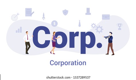 corp or corporation concept with big word or text and team people with modern flat style - vector