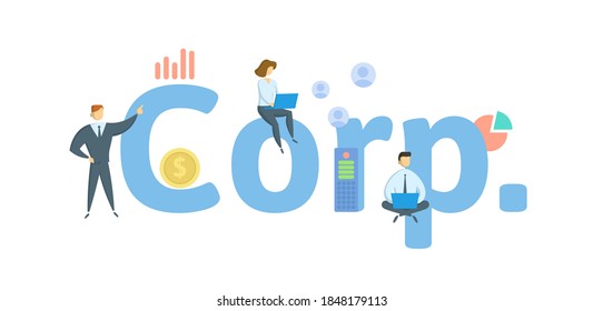 Corp. Corporation. Concept with keywords, people and icons. Flat vector illustration. Isolated on white background.