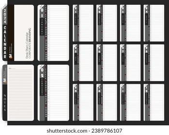 Corporat 2024 Diary, Day Planner, Event Planner, Meal Planner, Todo Today, Notes, Pocket cards, Desk Calendar, Wall calendar all in one design set in gray and black color. Vector print ready editable.