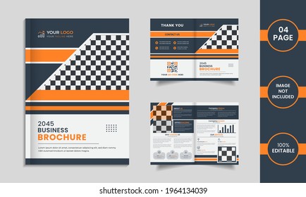 Corporate 4 page brochure design with yellow and grey color geometric shapes.