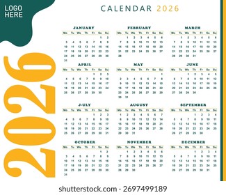 Corporate a4 yearly calendar 2026 clean graphic layout , Modern 2026 wall planner template yellow and green vector , Mrofessional business schedule calendar with logo space 2026 , Minimalist full year