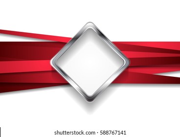 Corporate abstract background with red stripes and silver metal square. Vector design illustration