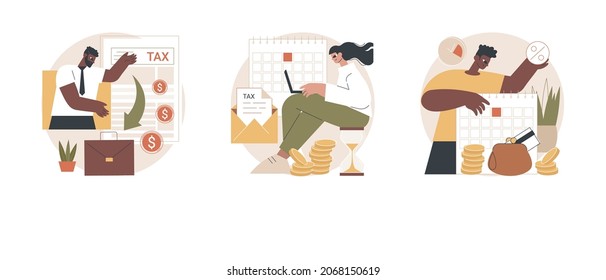 Corporate Accountancy Abstract Concept Vector Illustration Set. Corporation Income Tax Return Date, Payment Deadline, Installment Tax Payments, Vat Payment, Estimated Refund Abstract Metaphor.