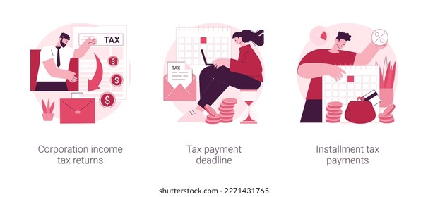 Corporate accountancy abstract concept vector illustration set. Corporation income tax return date, payment deadline, installment tax payments, vat payment, estimated refund abstract metaphor.