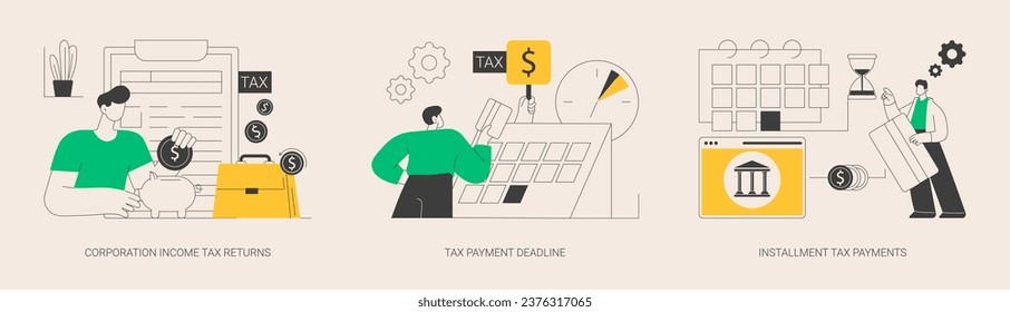 Corporate accountancy abstract concept vector illustration set. Corporation income tax return date, payment deadline, installment tax payments, vat payment, estimated refund abstract metaphor.