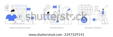 Corporate accountancy abstract concept vector illustration set. Corporation income tax return date, payment deadline, installment tax payments, vat payment, estimated refund abstract metaphor.