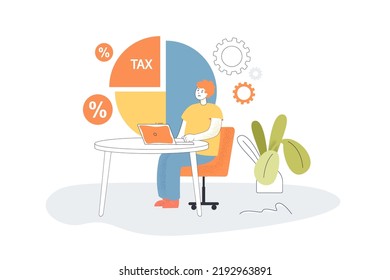 Corporate accountant planning budget, income and tax. Tiny man sitting at desk with laptop, pie chart flat vector illustration. Taxation concept for banner, website design or landing web page