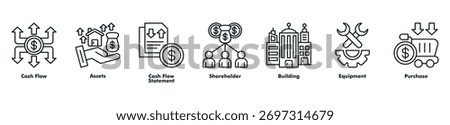 Corporate accounting icon set vector consist of cash flow, assets, cash flow statement, shareholder, building, equipment, and purchase.