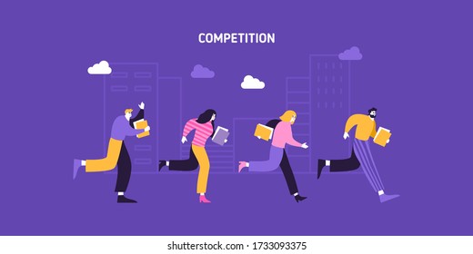 Corporate Active business Competition concept flat vector illustration with characters. Business people running on the rush to achieve aims and goals