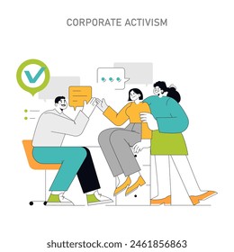 Corporate Activism concept Team collaboration for social responsibility and sustainable goals Dialogue and unity in corporate ethics and actions Vector illustration