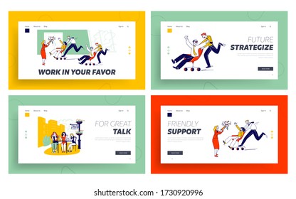 Corporate Activity, Employees Competition, Annoying Talk Landing Page Template. Happy Colleagues Characters Fun at Workplace, Office Chair Races Girl Friends Meeting. Linear Vector People Illustration